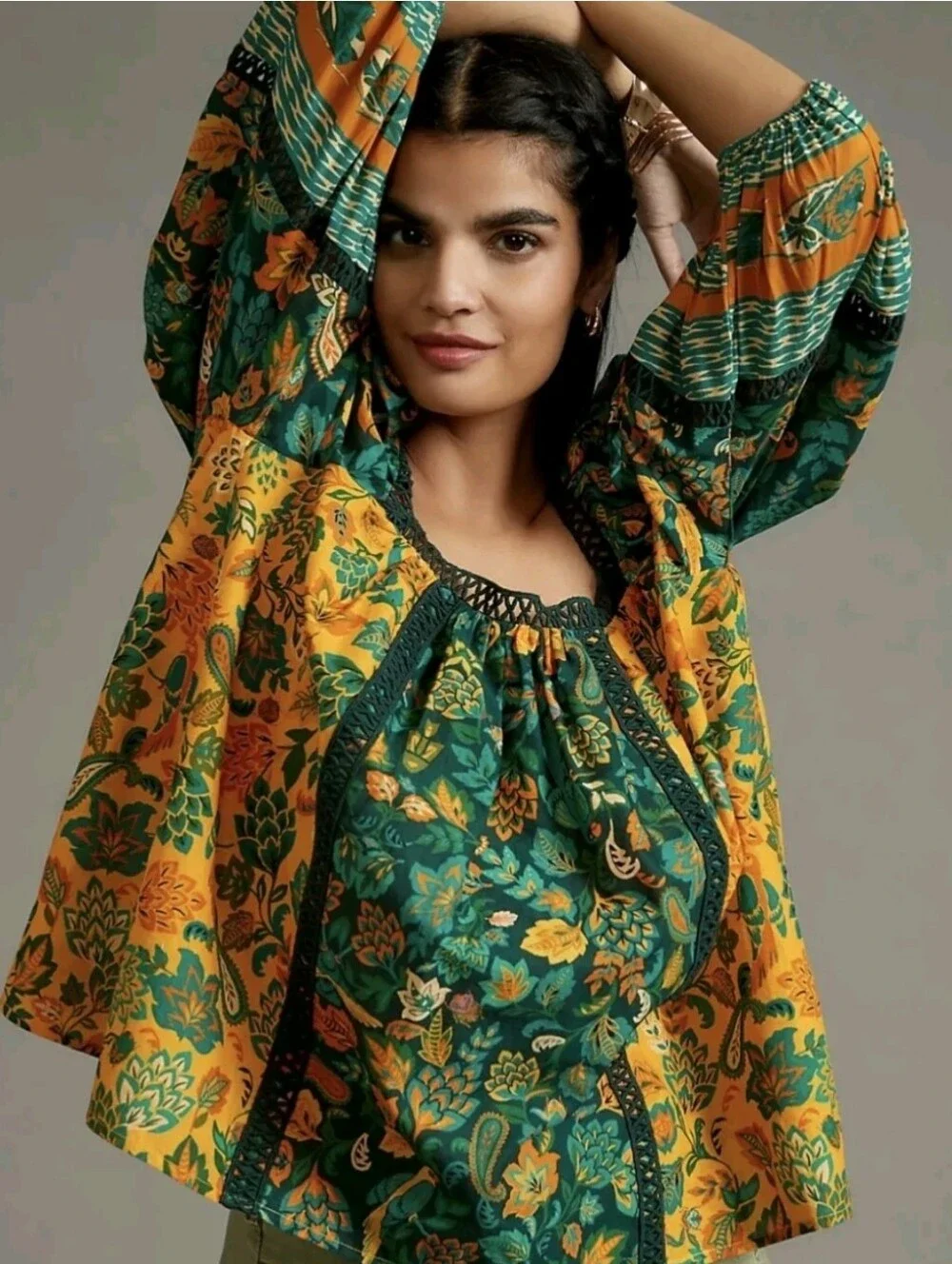 Farm Rio x Anthropologie Lace Inset Peasant Blouse Puff Sleeve Cotton Top Sz XS